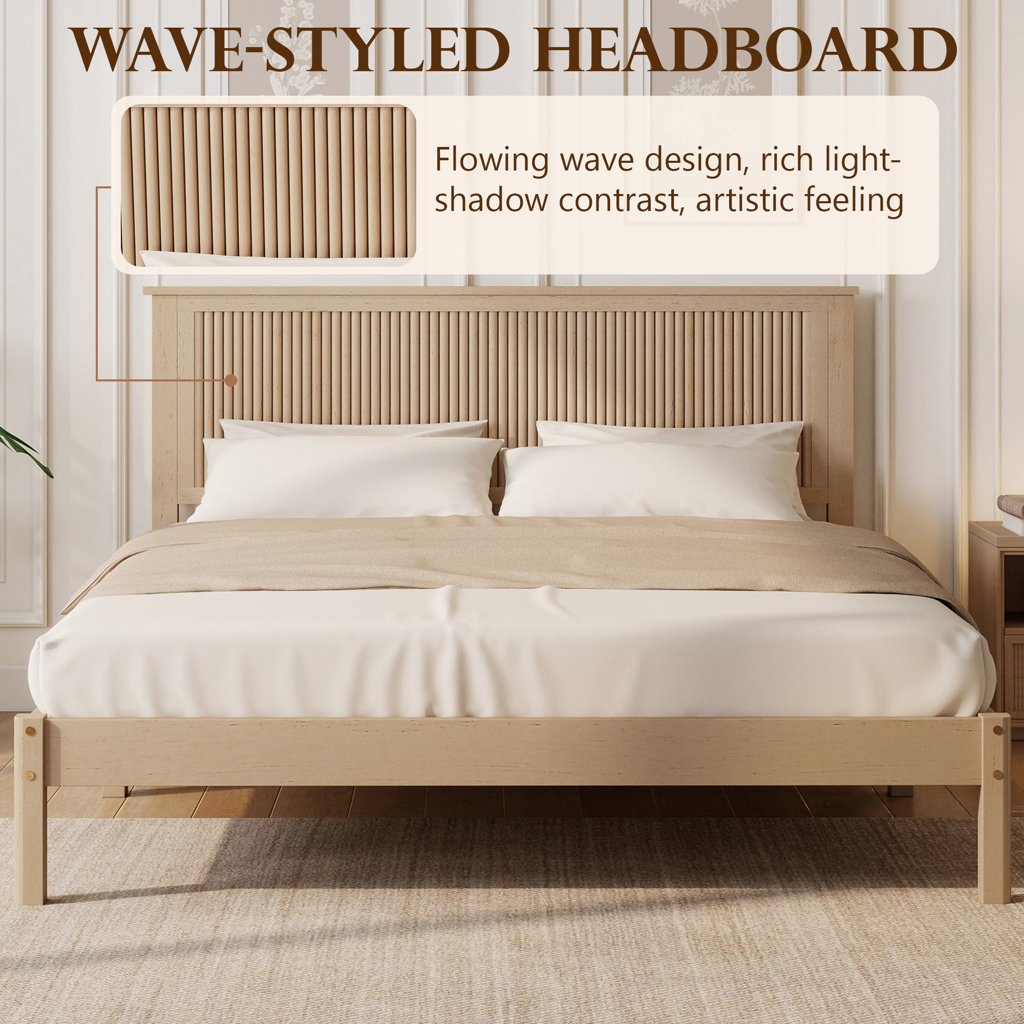 Queen Size Solid Rubber Wood Bed with Wave-Styled Headboard