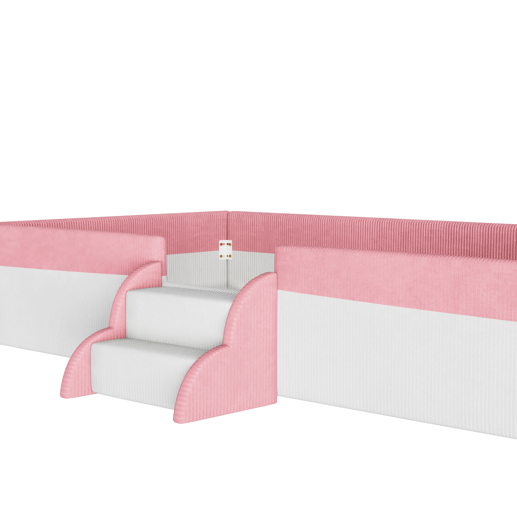 King Size Upholstered Floor Bed with Fence, 2-Tier Steps and Smart LED Lights