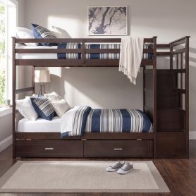 Twin Over Twin Bunk Bed with 2 Drawers and Staircase