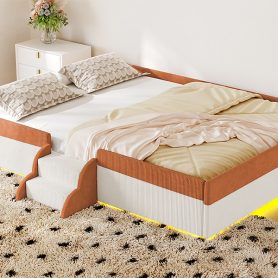 Full Size Upholstered Floor Bed with Fence, 2-Tier Steps and Smart LED Lights