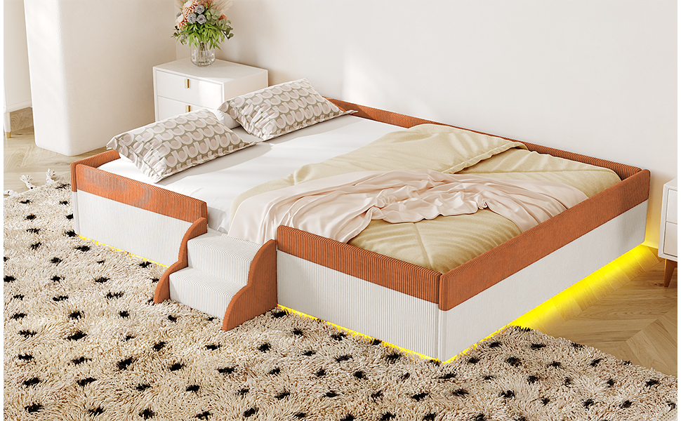 Full Size Upholstered Floor Bed with Fence, 2-Tier Steps and Smart LED Lights