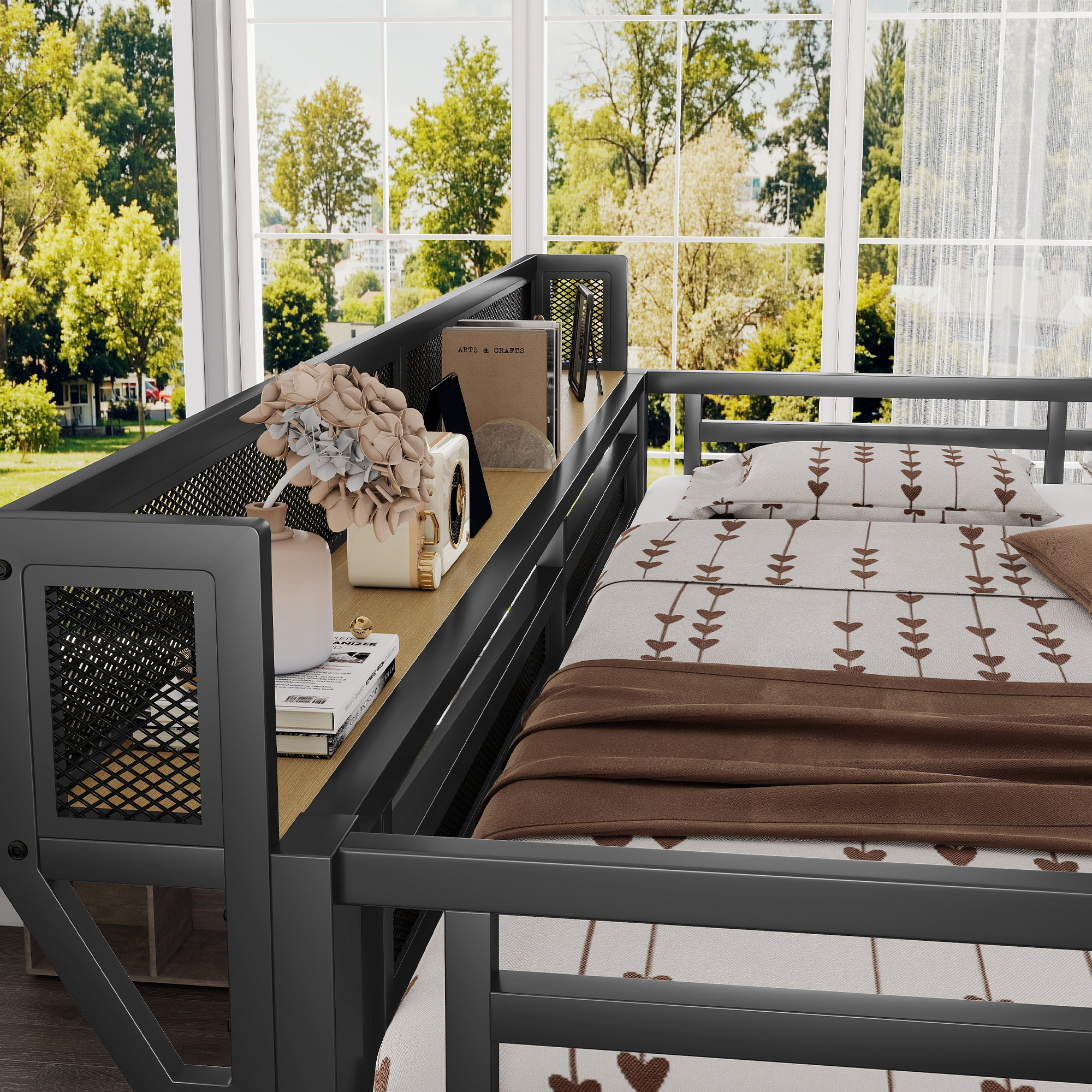 Metal Loft Bed with Stairs, Wardrobe, Charging Station, and LED Lighting