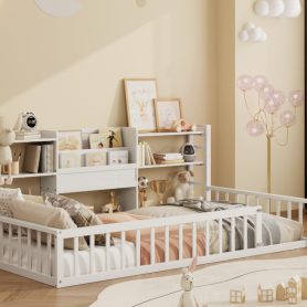 Twin Size Floor Fence Bed Frame with Bookcase and 3-Tier Storage Shelves