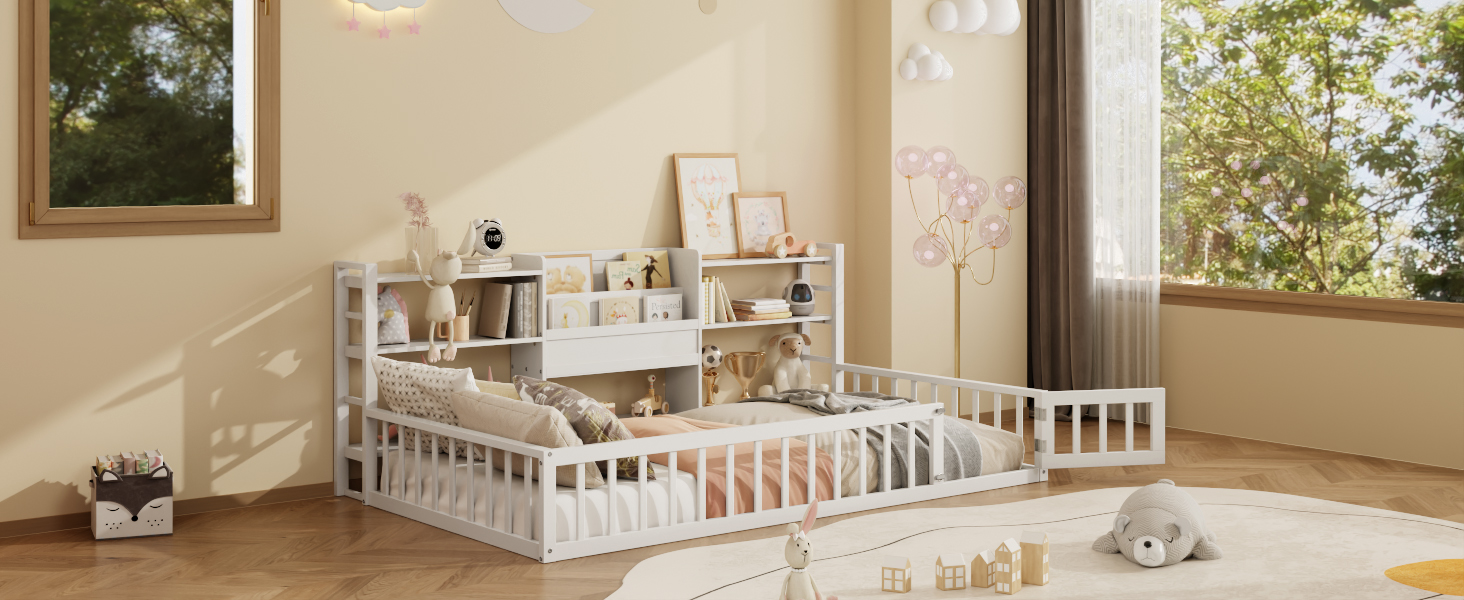 Twin Size Floor Fence Bed Frame with Bookcase and 3-Tier Storage Shelves