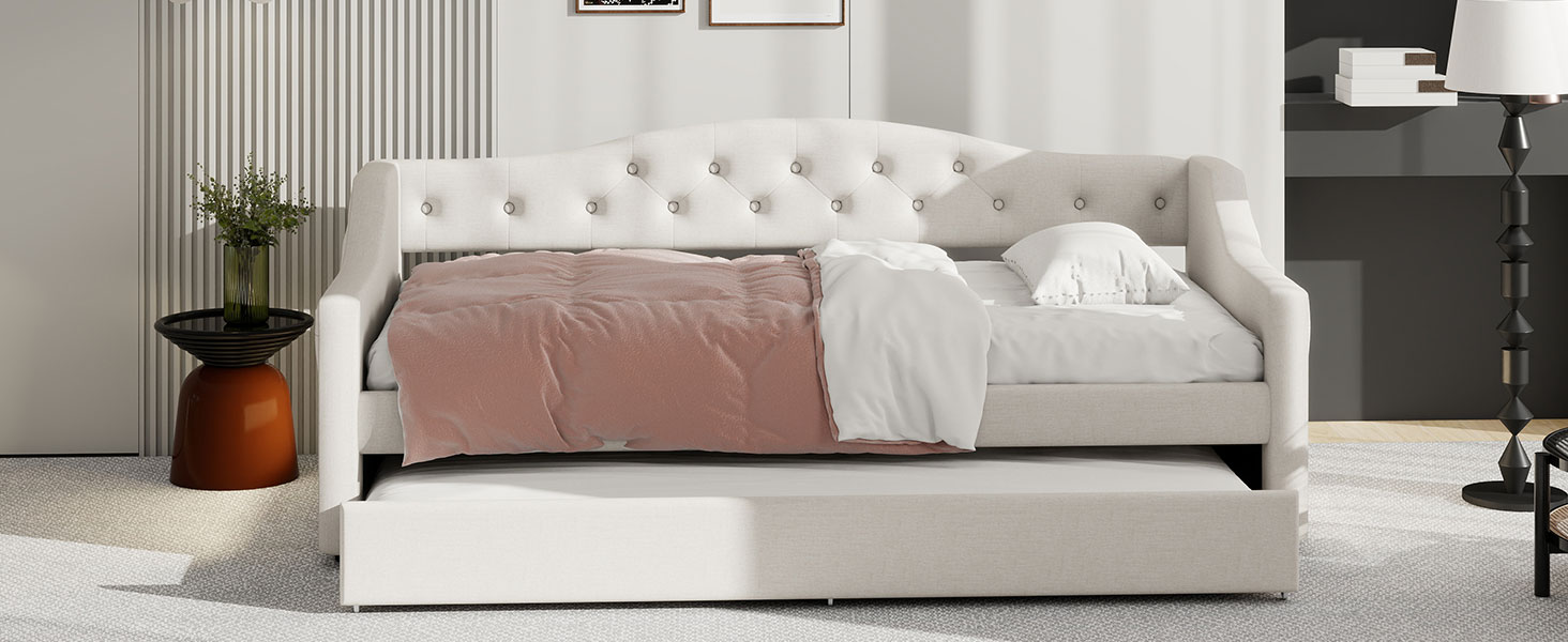 Upholstered Twin XL Size Daybed with LED Belt and Trundle