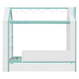 Twin Size House Bed Frame with Pull-Out Trundle, Tail End Storage Shelves and Cool White LED Lights