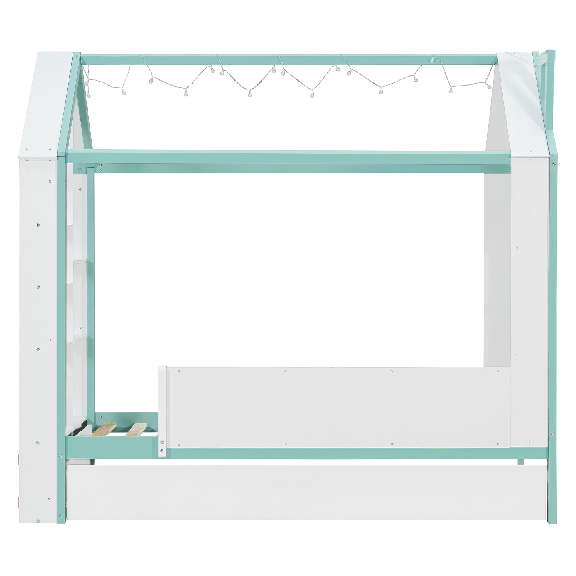 Twin Size House Bed Frame with Pull-Out Trundle, Tail End Storage Shelves and Cool White LED Lights