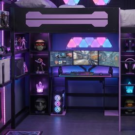 Full-Size Wooden Gaming Loft Bed with Desk and Storage, RGB LED Light, USB Charging Station