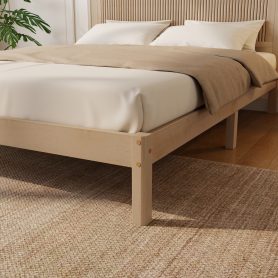 Queen Size Solid Rubber Wood Bed with Wave-Styled Headboard