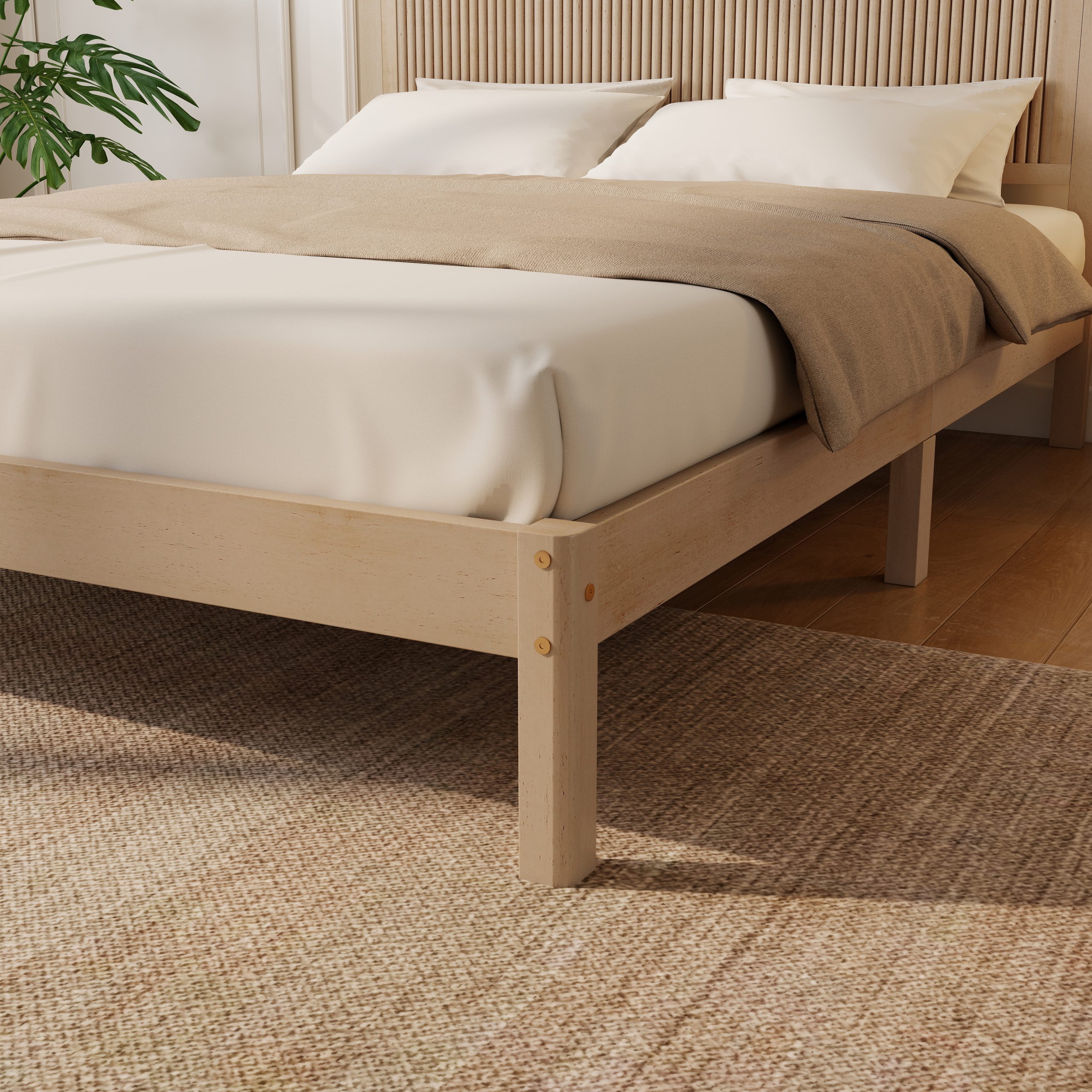 Queen Size Solid Rubber Wood Bed with Wave-Styled Headboard