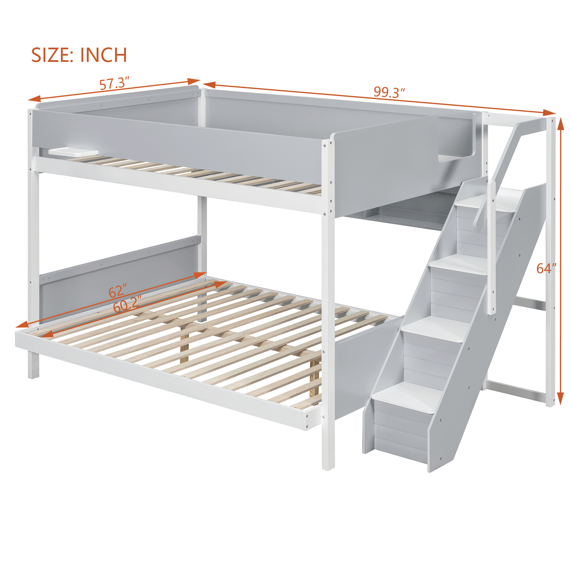 Full XL over Queen Bunk Bed with Striped-Design Staircase and Side Shelves