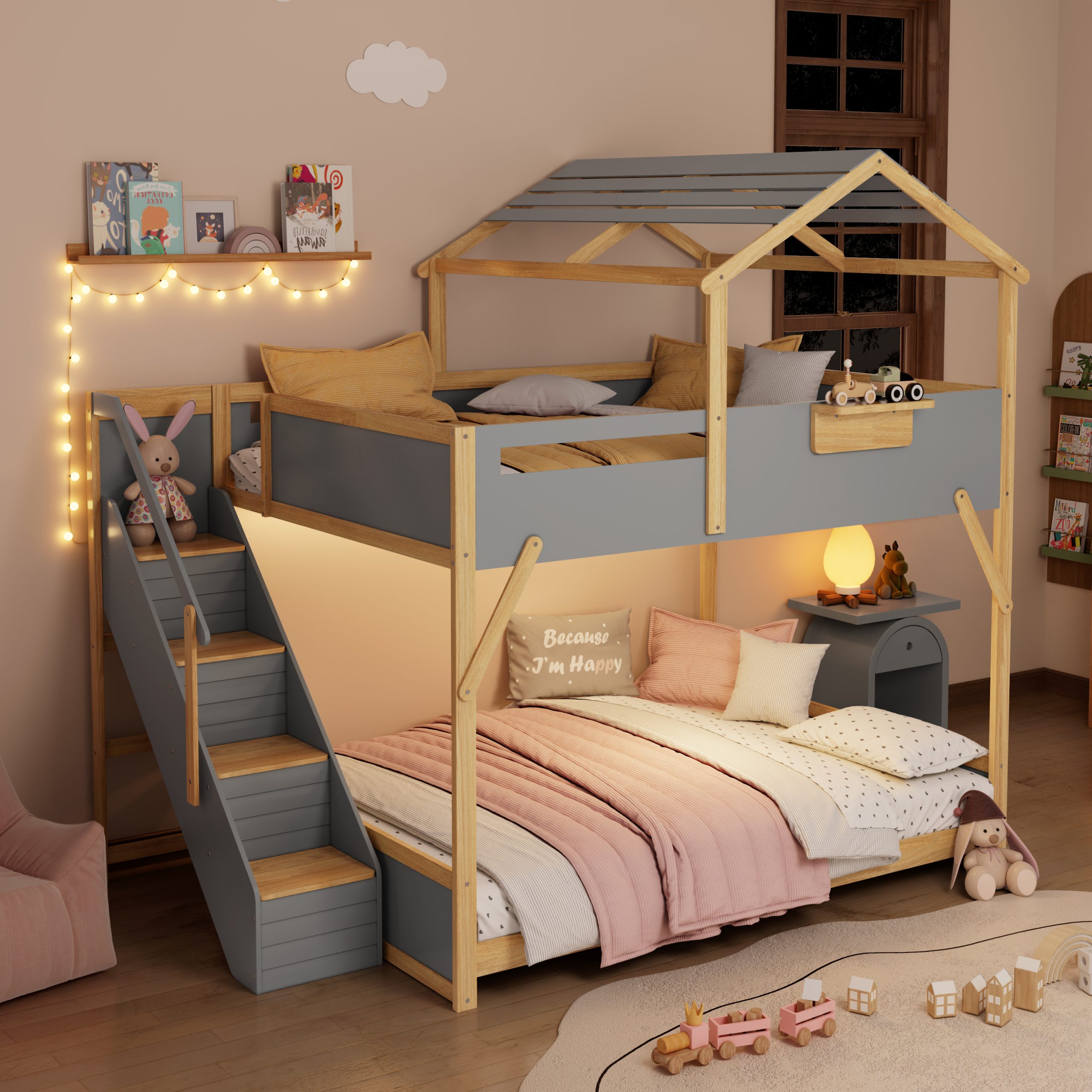 Full over Full House Bunk Bed with Stairs and 3-Color LED Lights