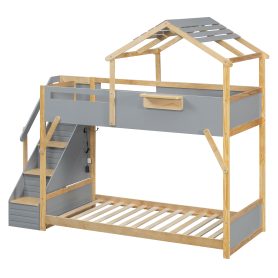 Twin over Twin House Bunk Bed with Stairs and 3-Color LED Lights