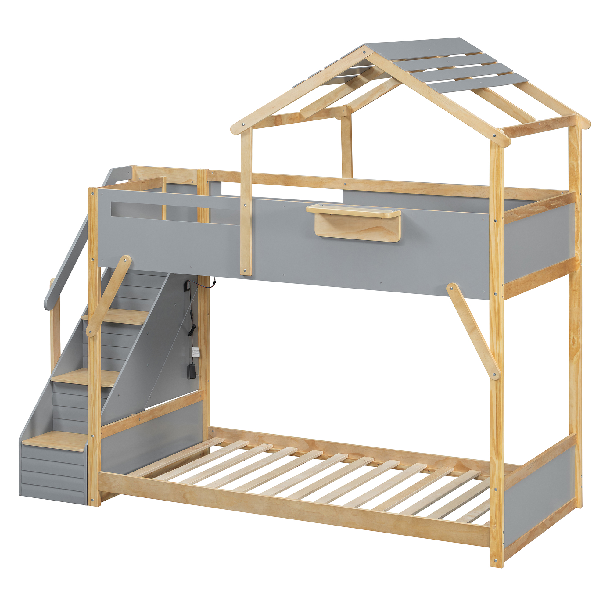 Twin over Twin House Bunk Bed with Stairs and 3-Color LED Lights