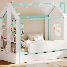 Twin Size House Bed Frame with Pull-Out Trundle, Tail End Storage Shelves and Cool White LED Lights