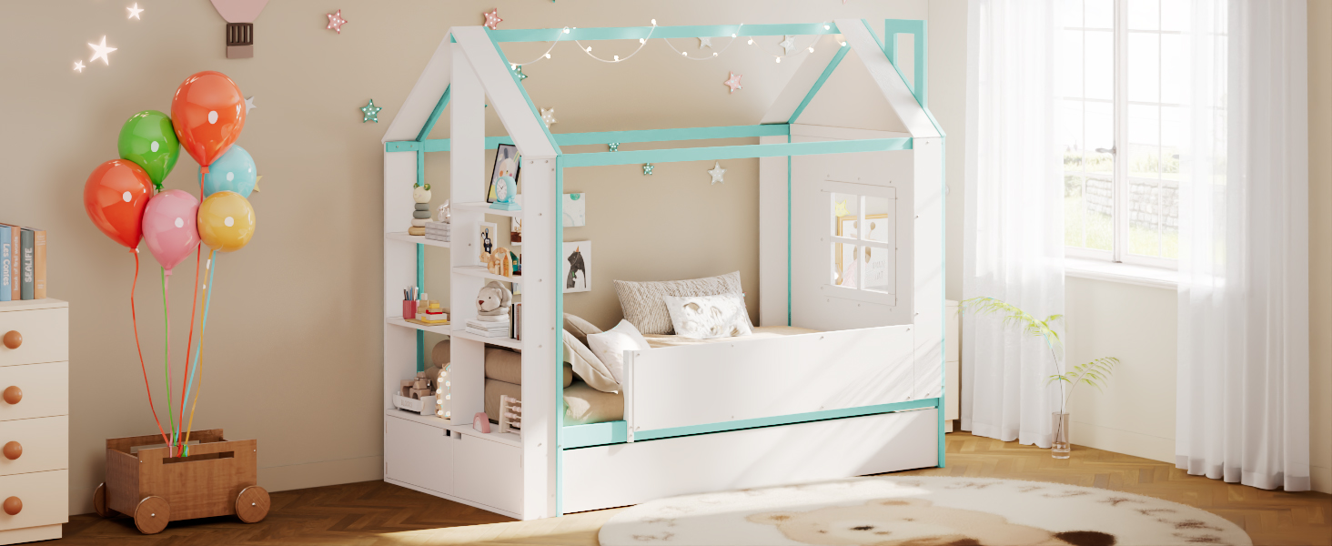 Twin Size House Bed Frame with Pull-Out Trundle, Tail End Storage Shelves and Cool White LED Lights