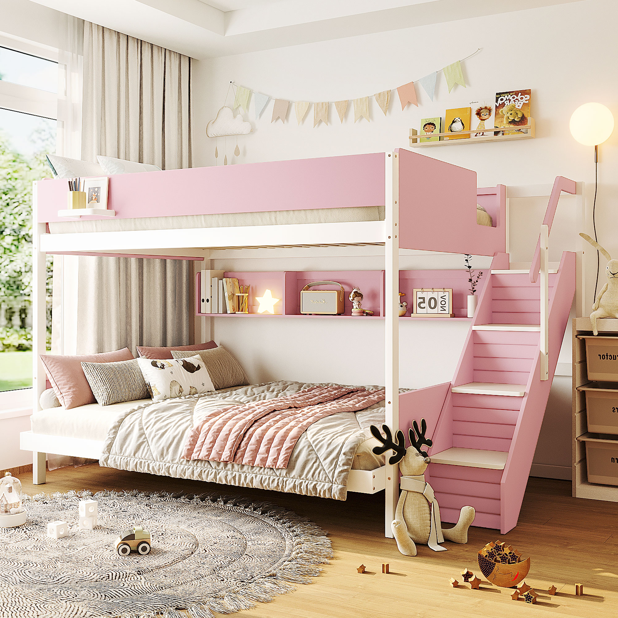 Twin over Full Bunk Bed with Striped-Design Staircase and Side Shelves