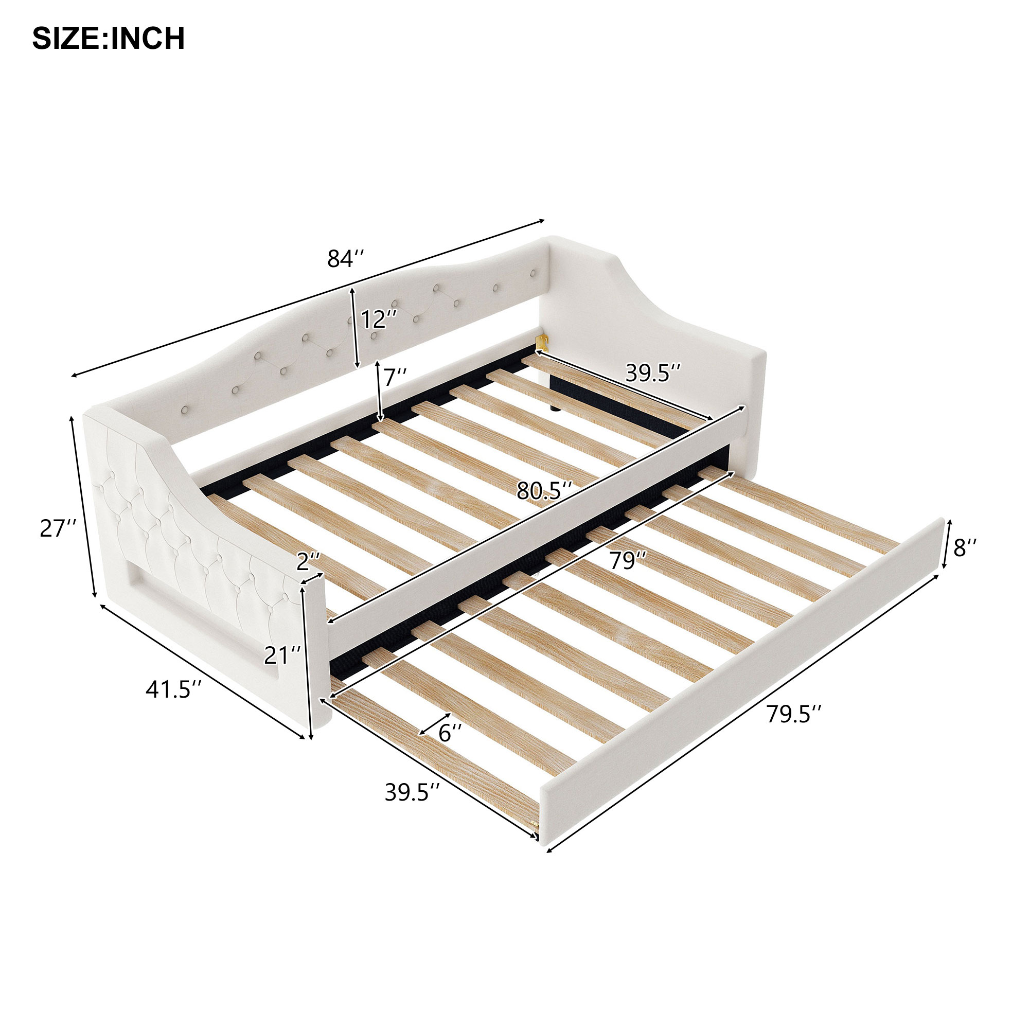 Upholstered Twin XL Size Daybed with LED Belt and Trundle