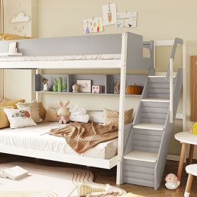Full XL over Queen Bunk Bed with Striped-Design Staircase and Side Shelves