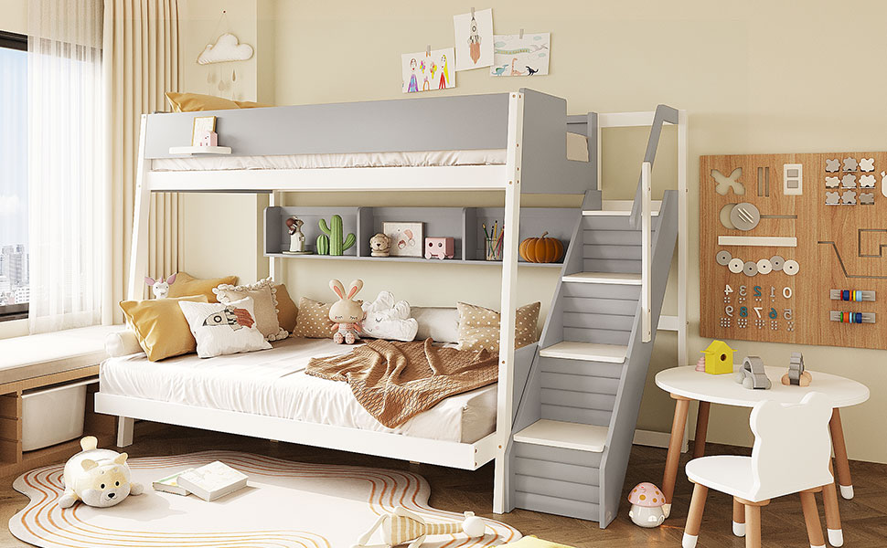 Full XL over Queen Bunk Bed with Striped-Design Staircase and Side Shelves