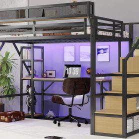Metal Loft Bed with Stairs, Wardrobe, Charging Station, and LED Lighting