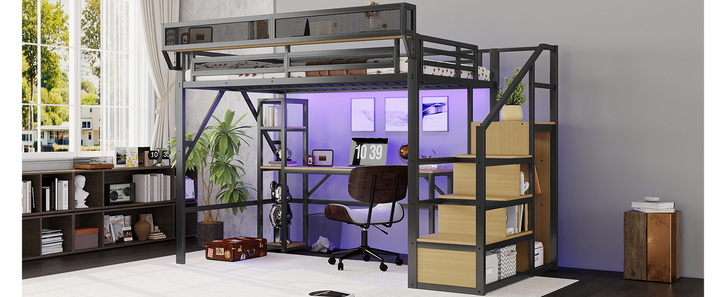 Metal Loft Bed with Stairs, Wardrobe, Charging Station, and LED Lighting