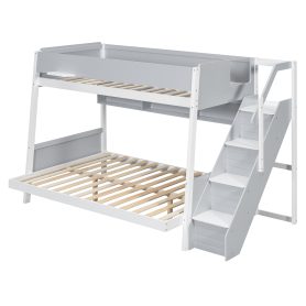 Twin over Full Bunk Bed with Striped-Design Staircase and Side Shelves