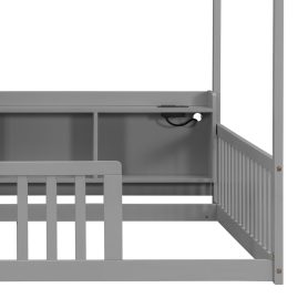 Full House Floor Bed with Storage Shelves, Built-in LED Lights & Charging Station