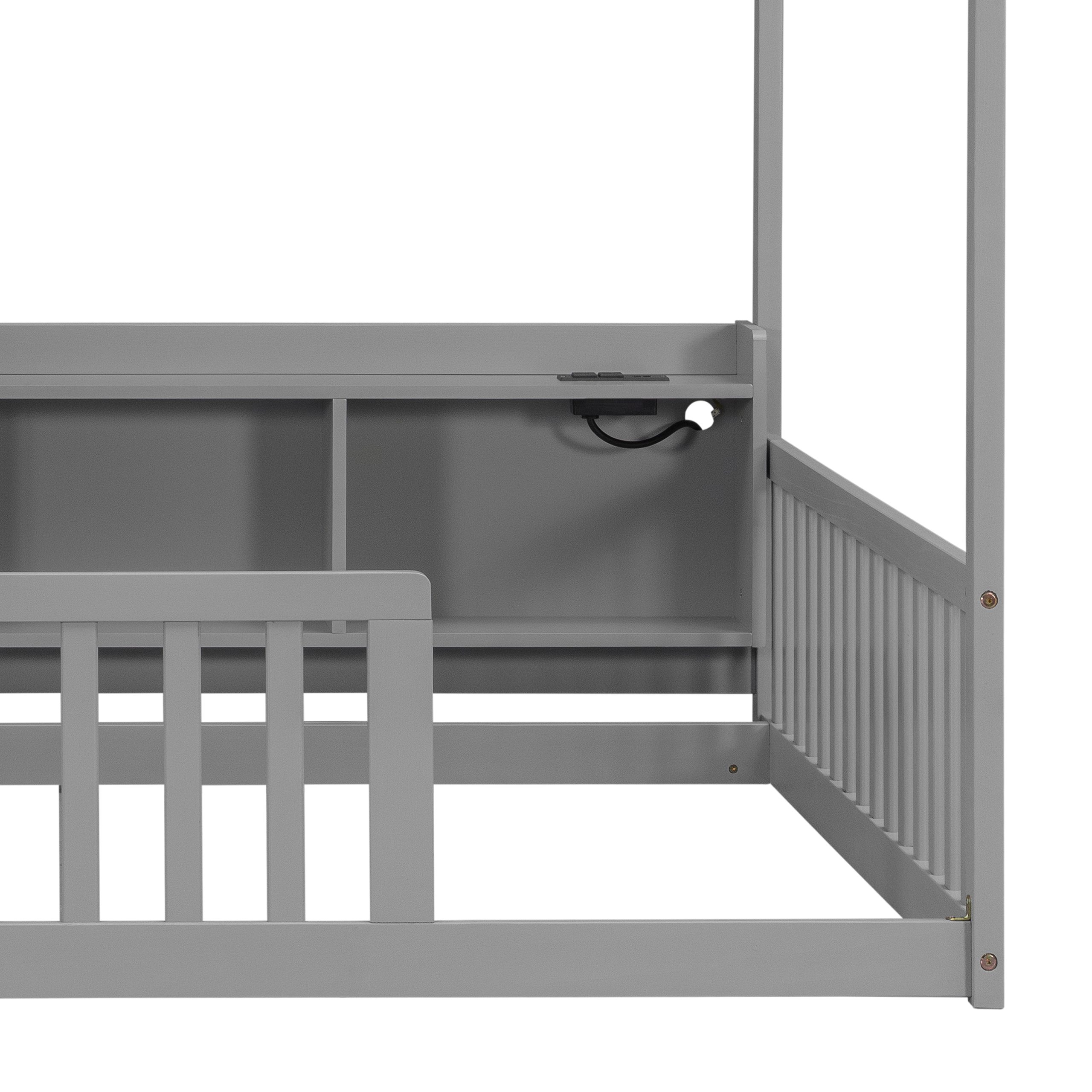 Full House Floor Bed with Storage Shelves, Built-in LED Lights & Charging Station