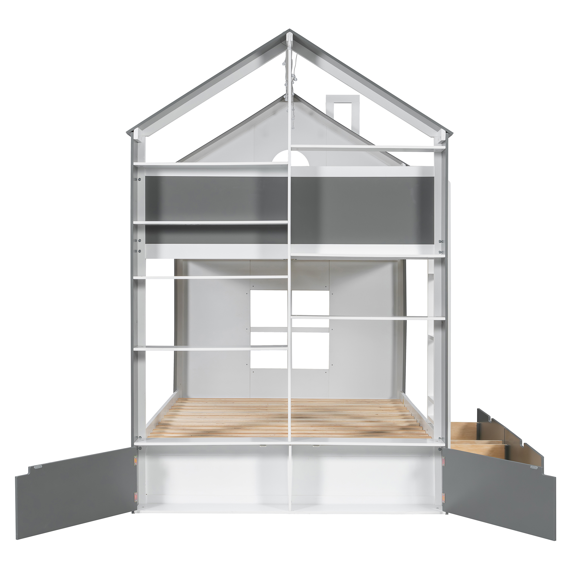 Full Size Bunk Bed with Storage Drawers, Shelves and Light Strip
