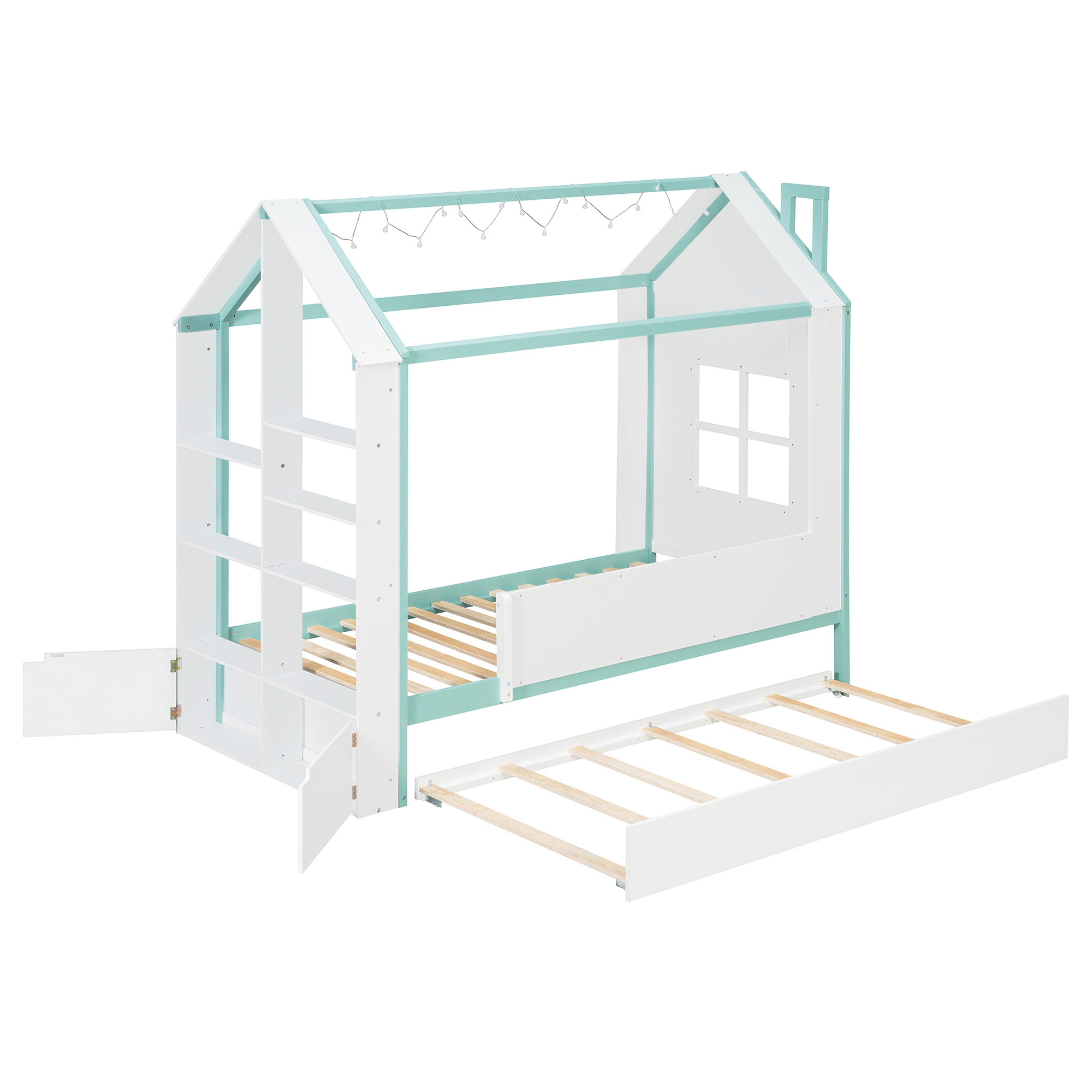 Twin Size House Bed Frame with Pull-Out Trundle, Tail End Storage Shelves and Cool White LED Lights