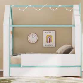Full Size House Bed Frame with Pull-Out Trundle, Tail End Storage Shelves and Cool White LED Lights