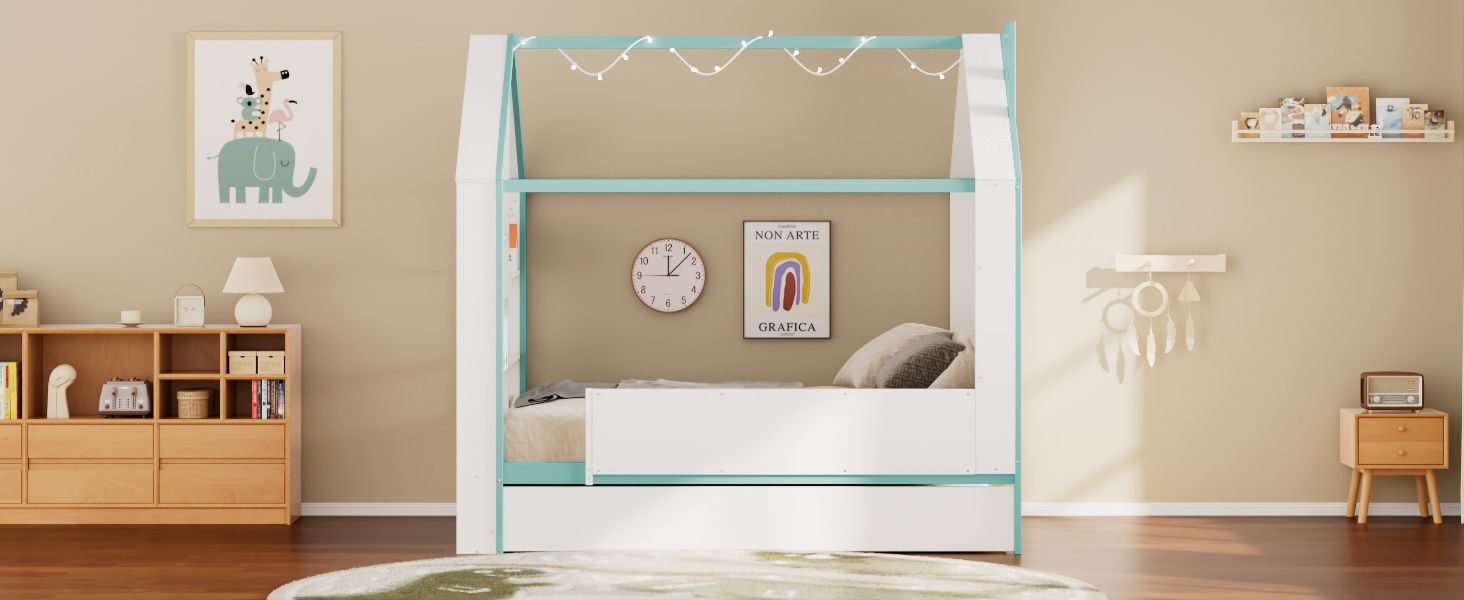 Full Size House Bed Frame with Pull-Out Trundle, Tail End Storage Shelves and Cool White LED Lights