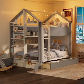 Full Size Bunk Bed with Storage Drawers, Shelves and Light Strip