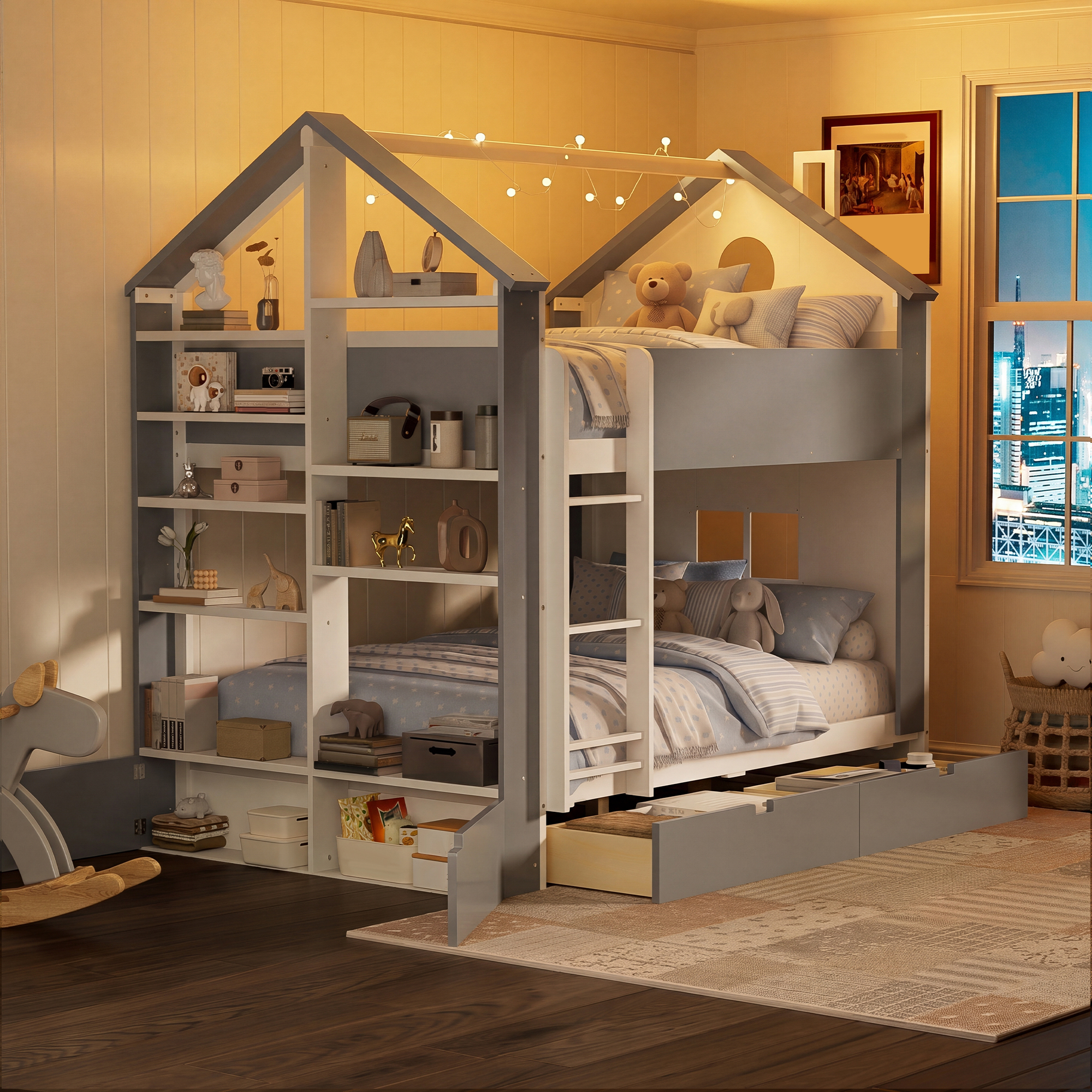 Full Size Bunk Bed with Storage Drawers, Shelves and Light Strip