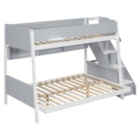 Twin over Full Bunk Bed with Striped-Design Staircase and Side Shelves