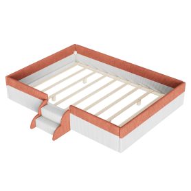 Full Size Upholstered Floor Bed with Fence, 2-Tier Steps and Smart LED Lights