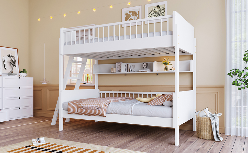 Twin Size Wooden Bunk Bed with 3 Storage Shelves, Ladder can be Changed Left or Right