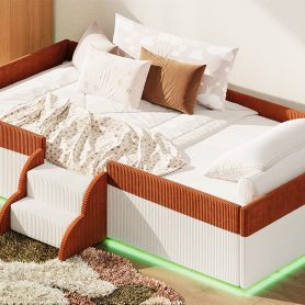 Twin Size Upholstered Floor Bed with Fence, 2-Tier Steps and Smart LED Lights
