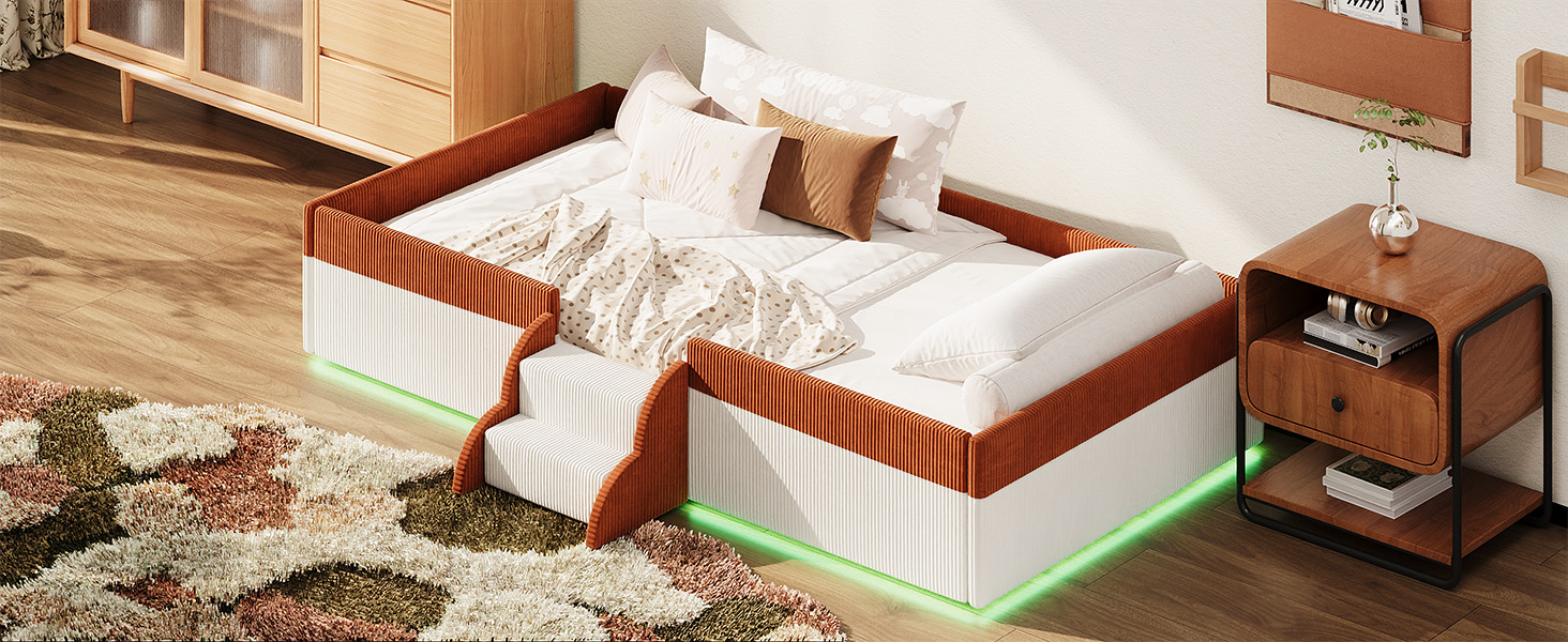 Twin Size Upholstered Floor Bed with Fence, 2-Tier Steps and Smart LED Lights