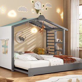 Twin Size House Bed with Twin Size Trundle and Side Shelves