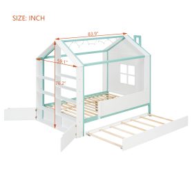 Full Size House Bed Frame with Pull-Out Trundle, Tail End Storage Shelves and Cool White LED Lights