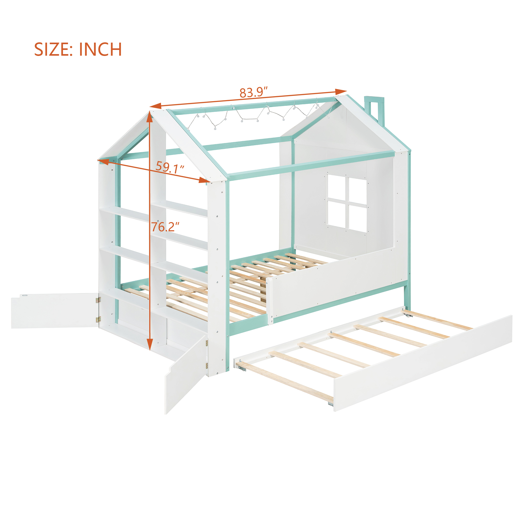 Full Size House Bed Frame with Pull-Out Trundle, Tail End Storage Shelves and Cool White LED Lights