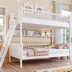 Twin Size Wooden Bunk Bed with 3 Storage Shelves, Ladder can be Changed Left or Right