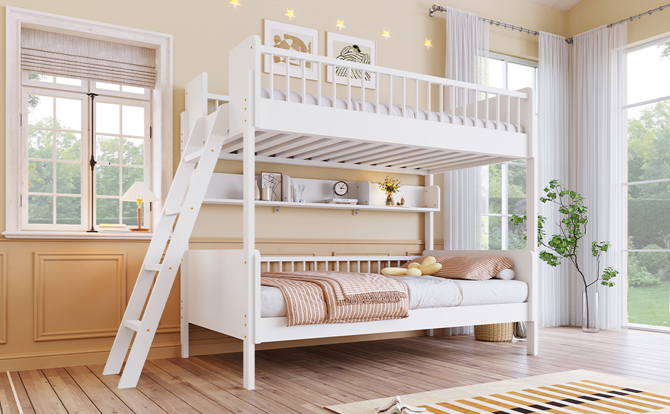 Twin Size Wooden Bunk Bed with 3 Storage Shelves, Ladder can be Changed Left or Right