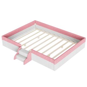 Queen Size Upholstered Floor Bed with Fence, 2-Tier Steps and Smart LED Lights