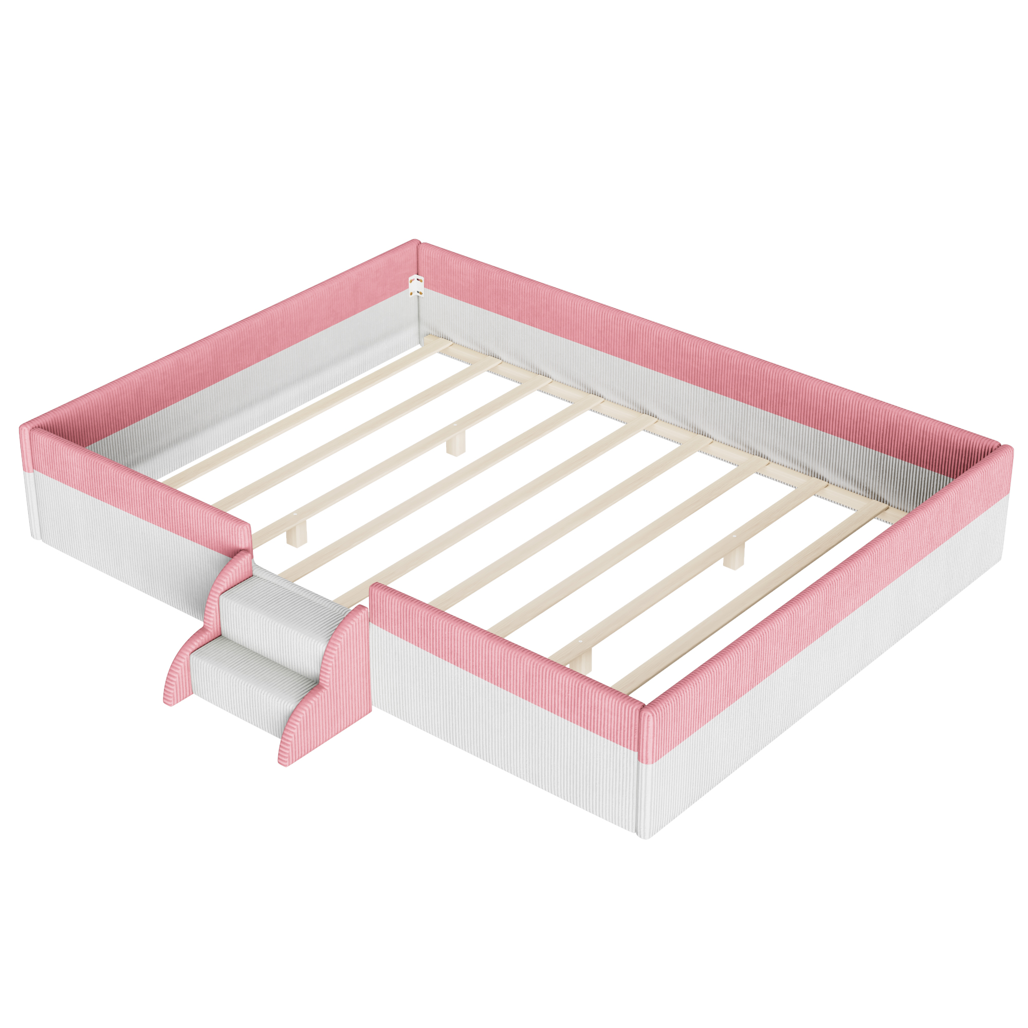 Queen Size Upholstered Floor Bed with Fence, 2-Tier Steps and Smart LED Lights