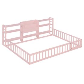 Full Size Floor Fence Bed Frame with Bookcase and 3-Tier Storage Shelves