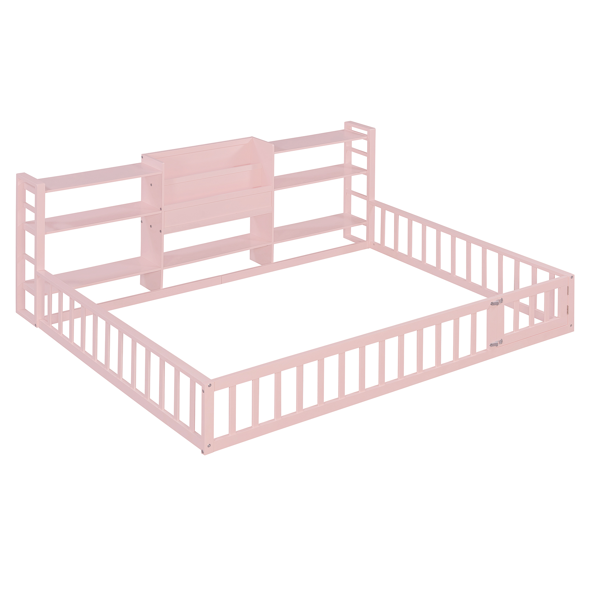 Full Size Floor Fence Bed Frame with Bookcase and 3-Tier Storage Shelves