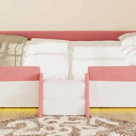 Queen Size Upholstered Floor Bed with Fence, 2-Tier Steps and Smart LED Lights